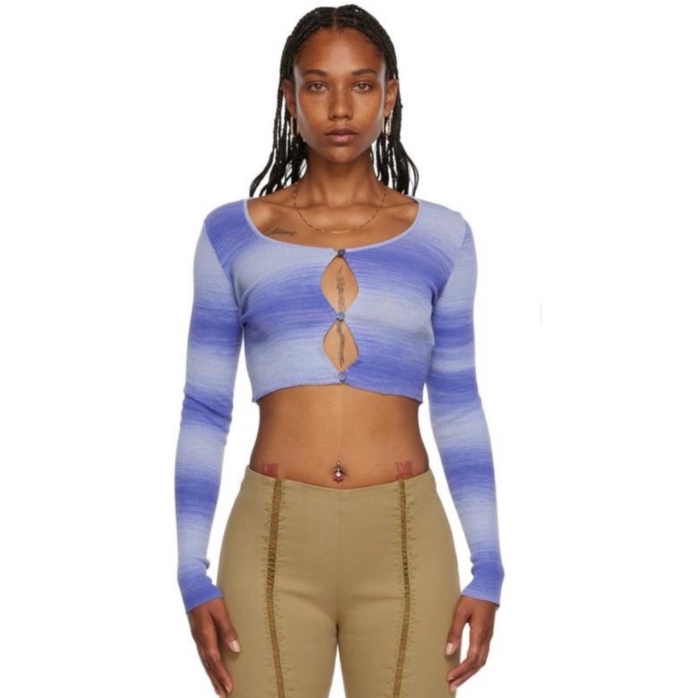 Paloma Wool Blue Sauce Cardigan XS Ombre Ribbed Knit Cropped Long Sleve